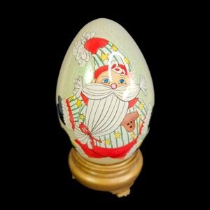 Les Hans Santa 1999 Li Bien Glass Ornament Handpainted Egg‎ Gift Box Stand Vtg